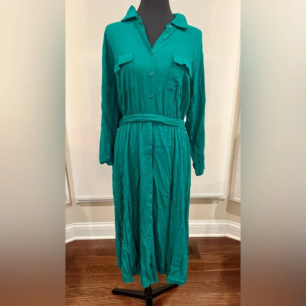 Torrid Size 2 Emerald Green Shirt Dress Midi Button Front Tie Waist  Plus  18 20 - Picture 2 of 7